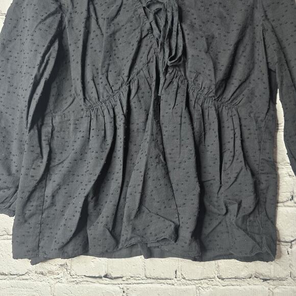 BCBG MaxAzria 100% Cotton Black Textured Polka Dot Lace Up Collar Blouse Large - Picture 4 of 13